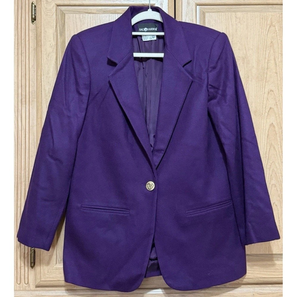 Vintage Sag Harbor Women's Blazer Jacket Size 10 Purple 100% Pure Wool Classic
